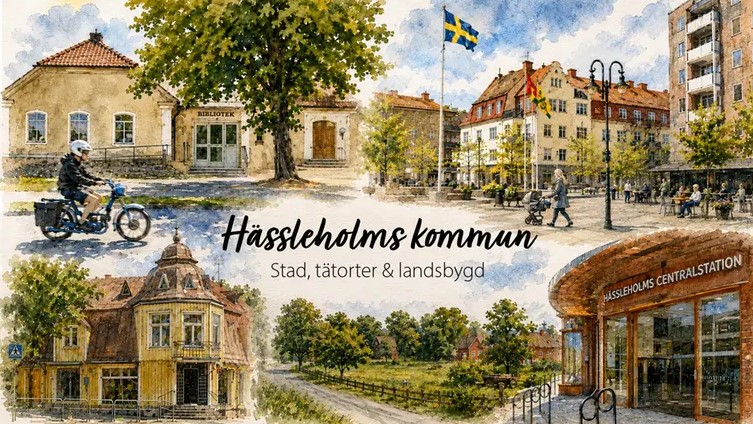 Bild på en kaffekopp och en croissant. På bilden finns ett textfält med texten Näringslivsfrukost.