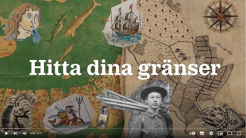 Startbild till Lantmäteriets film Hitta dina gränser. Bilder inehåller flera gamla bilder på drakar, en kompass, kartsymboler, fiskar och en lykta bland annat.