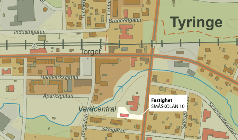 Karta över över centrala Tyringe med fastigheten "Småskolan 10" markerad.