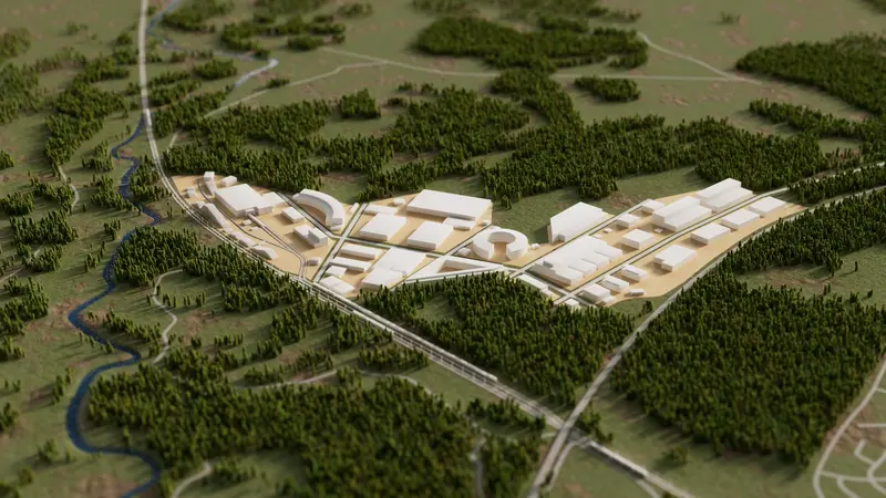 Illustration med vita byggnader utplacerade i kvarter med skog och vägar omkring.