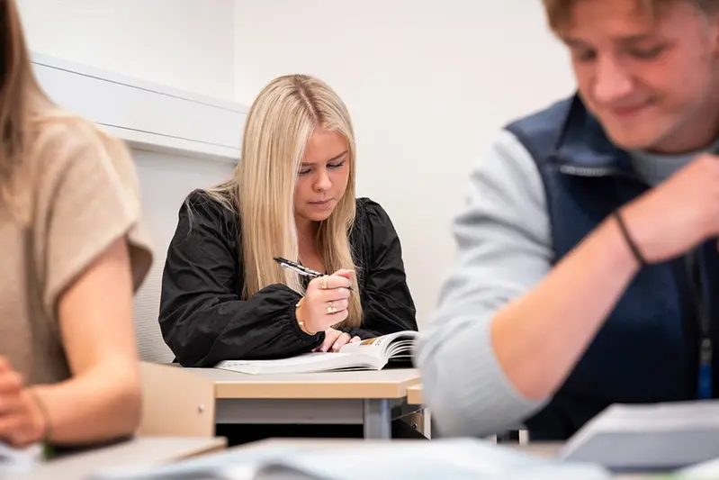 Elever som sitter och arbetar. Ser glada ut