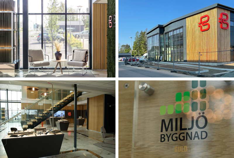 Kollage som visar Backer AB:s byggnad Market Center. Byggnaden uppfyller de högsta standarderna för energieffektivitet och miljöpåverkan. 