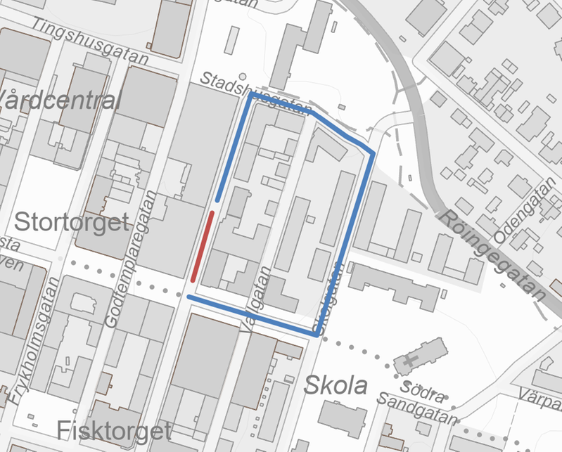 Kartbild över avstängd sträcka samt omledning.