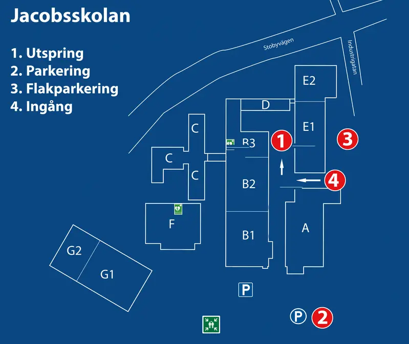 Utspring- och parkeringskarta för Jacobskolan. Utspringet inne på gården mellan B-hus och E-hus och parkeringen söder om skolan