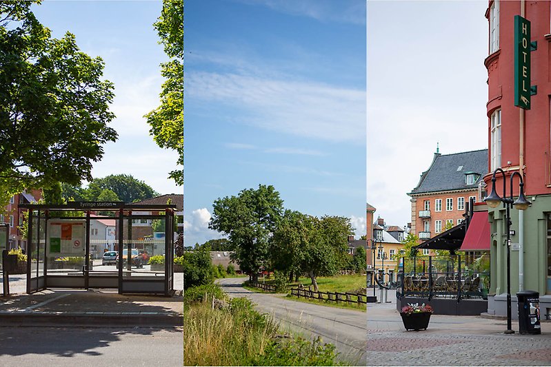 Bildkollage av tre bilder föreställande tätort, landsbygd och stad.