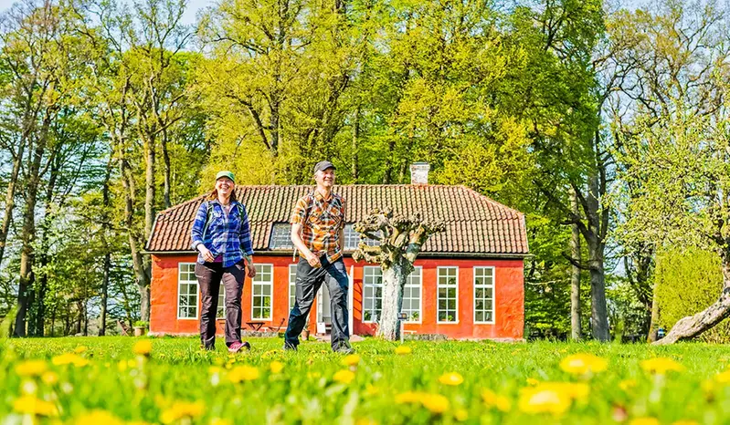 En man och en kvinna som vandrar framför orangeriet på Hovdala en solig vårdag.