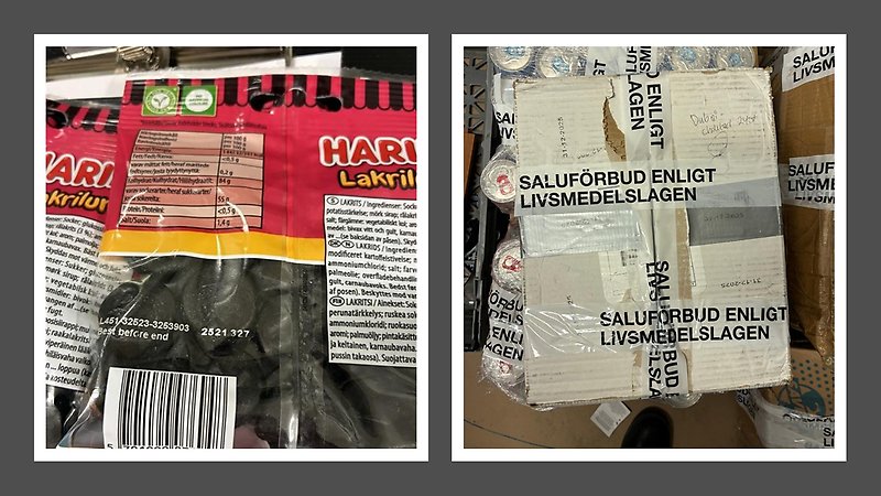 Bild på godispåse där bäst före-datumet är borta samt bild på kartonger med tejp med text som anger att varorna inte får säljas.